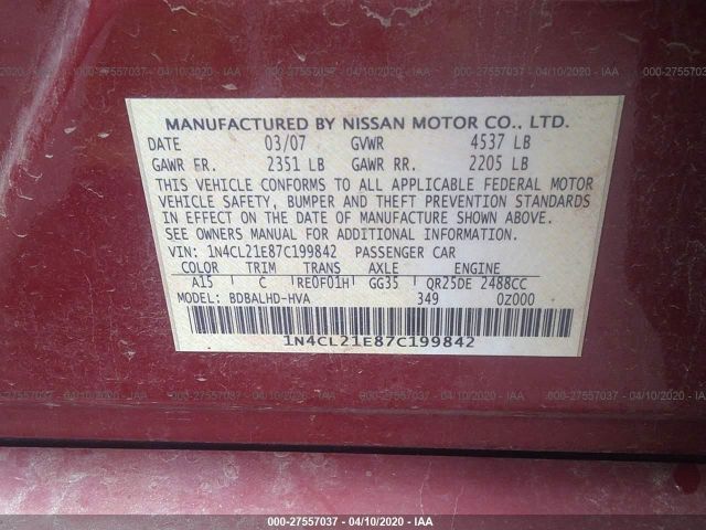 1N4CL21E87C199842 - 2007 NISSAN ALTIMA HYBRID Red photo 9