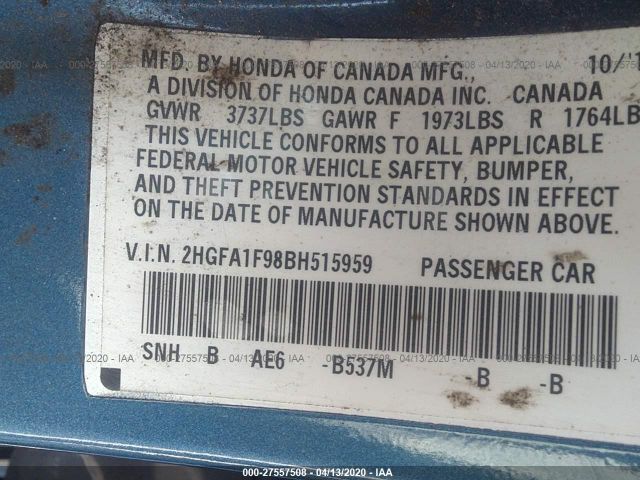 2HGFA1F98BH515959 - 2011 HONDA CIVIC EXL Blue photo 9