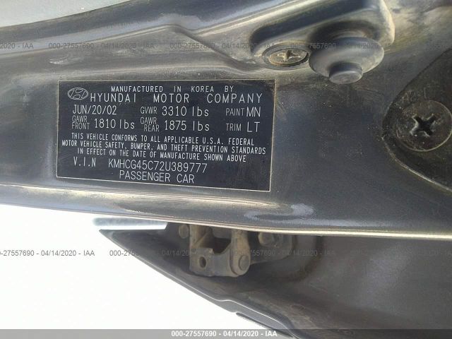 KMHCG45C72U389777 - 2002 HYUNDAI ACCENT GL Gray photo 9