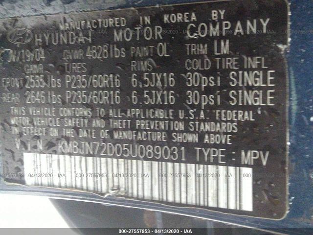 KM8JN72D05U089031 - 2005 HYUNDAI TUCSON GLS/LX Blue photo 9