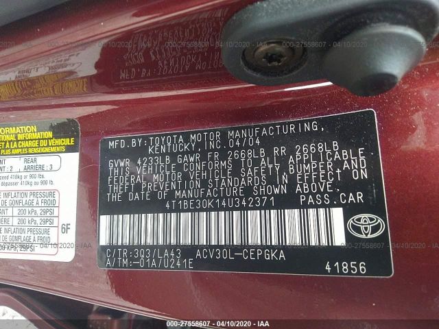 4T1BE30K14U342371 - 2004 TOYOTA CAMRY LE/XLE/SE Maroon photo 9