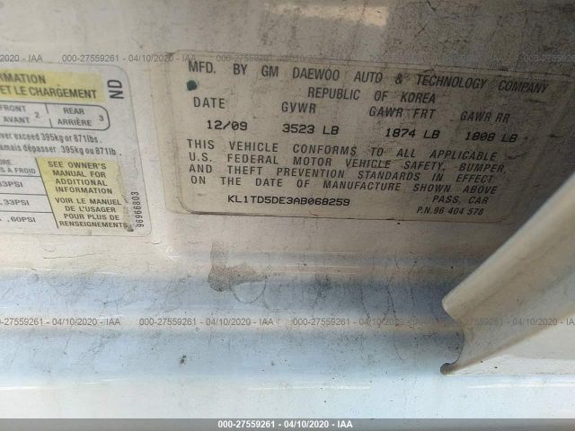 KL1TD5DE3AB068259 - 2010 CHEVROLET AVEO LS/LT White photo 9