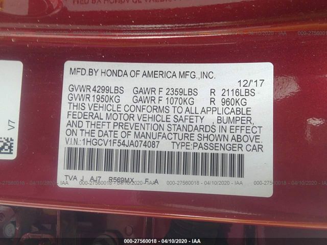 1HGCV1F54JA074087 - 2018 HONDA ACCORD EXL Red photo 9