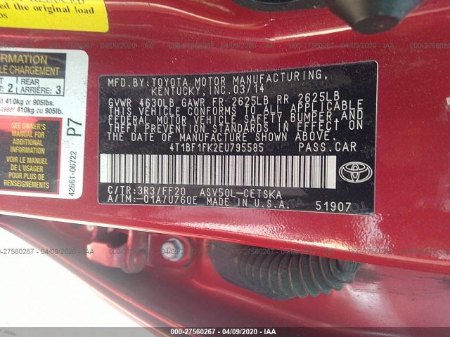 4T1BF1FK2EU795585 - 2014 TOYOTA CAMRY L/SE/LE/XLE Red photo 9