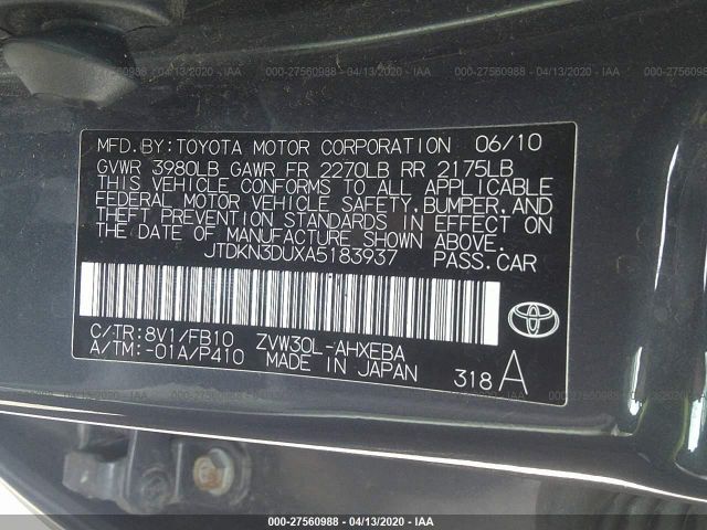 JTDKN3DUXA5183937 - 2010 TOYOTA PRIUS  Gray photo 9