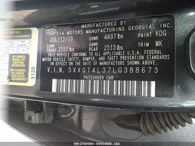 5XXGT4L37LG388673 - 2020 KIA OPTIMA LX/S Gray photo 9