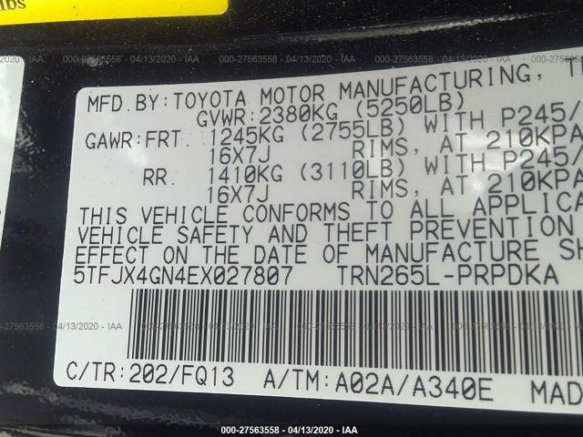 5TFJX4GN4EX027807 - 2014 TOYOTA TACOMA DOUBLE CAB 黑色 照片 9