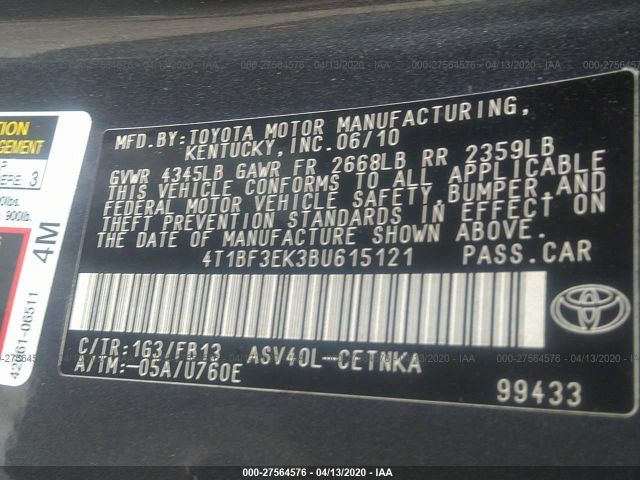 4T1BF3EK3BU615121 - 2011 TOYOTA CAMRY SE/LE/XLE Gray photo 9