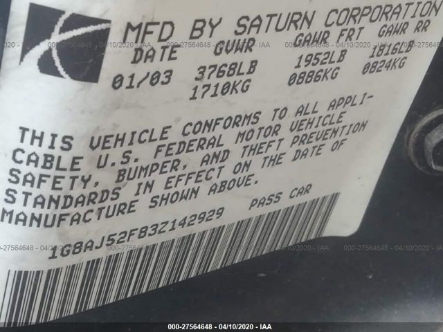 1G8AJ52F83Z142929 - 2003 SATURN ION LEVEL 2 黑色 照片 9