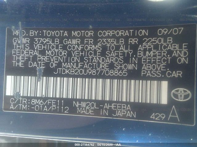 JTDKB20U987708865 - 2008 TOYOTA PRIUS  Blue photo 9