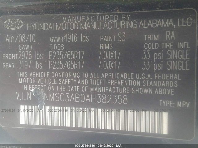 5NMSG3AB0AH382358 - 2010 HYUNDAI SANTA FE GLS Black photo 9