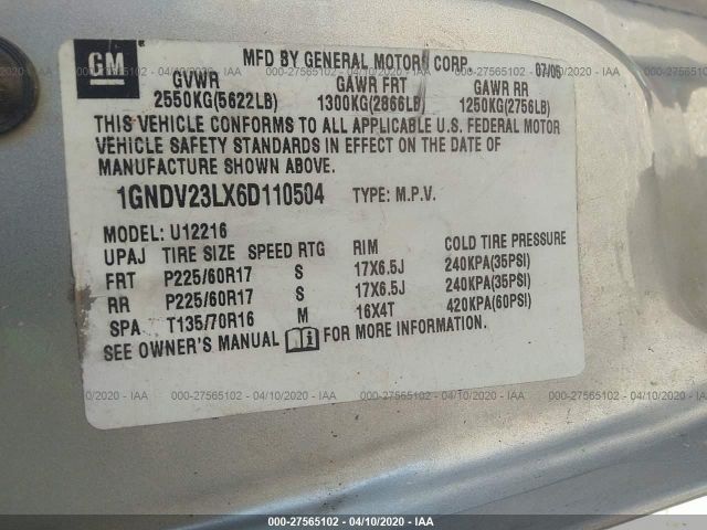 1GNDV23LX6D110504 - 2006 CHEVROLET UPLANDER LS Silver photo 9