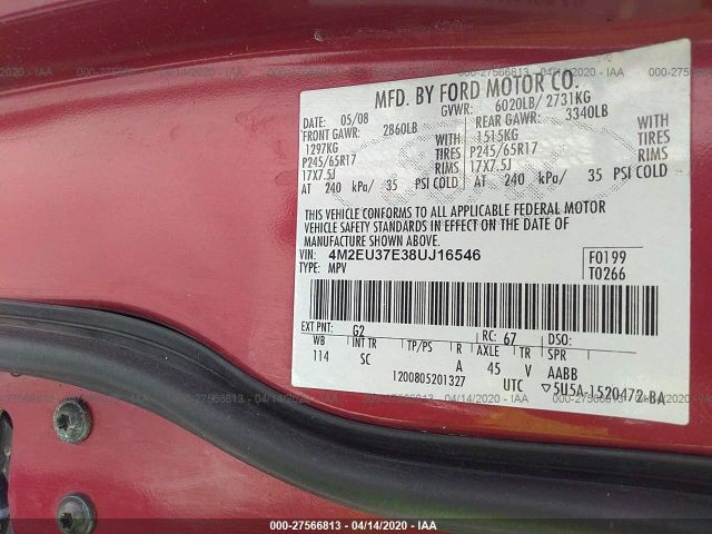 4M2EU37E38UJ16546 - 2008 MERCURY MOUNTAINEER LUXURY Red photo 9