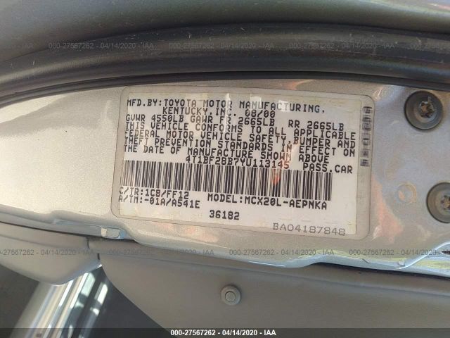 4T1BF28B7YU113145 - 2000 TOYOTA AVALON XL/XLS Silver photo 9