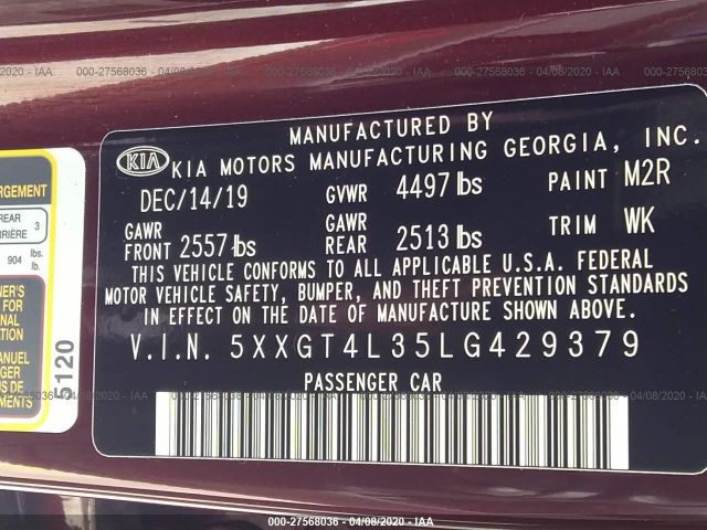 5XXGT4L35LG429379 - 2020 KIA OPTIMA LX/S Burgundy photo 9