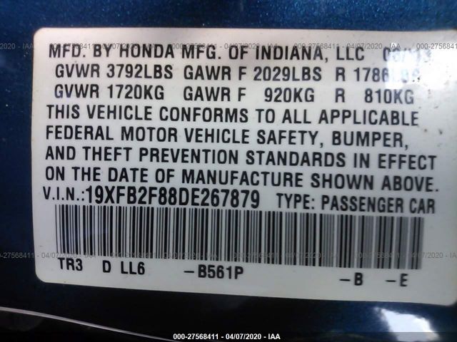 19XFB2F88DE267879 - 2013 HONDA CIVIC EX Blue photo 9