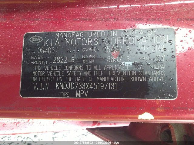 KNDJD733X45197131 - 2004 KIA SORENTO EX/LX Red photo 9