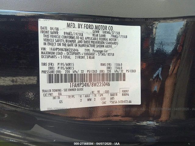 1FAHP34N78W235046 - 2008 FORD FOCUS S/SE Black photo 9