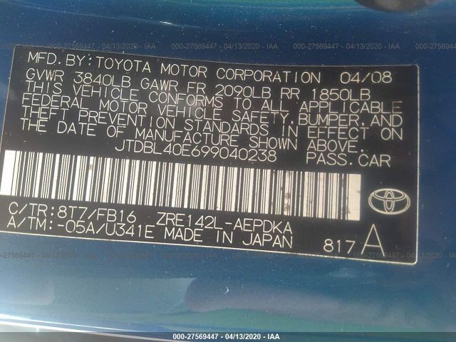 JTDBL40E699040238 - 2009 TOYOTA COROLLA LE/XLE Blue photo 9