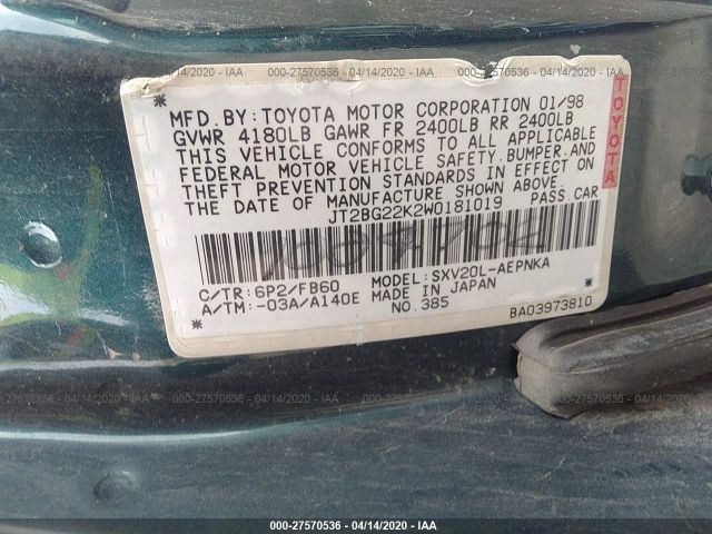 JT2BG22K2W0181019 - 1998 TOYOTA CAMRY CE/LE/XLE 绿色 照片 9