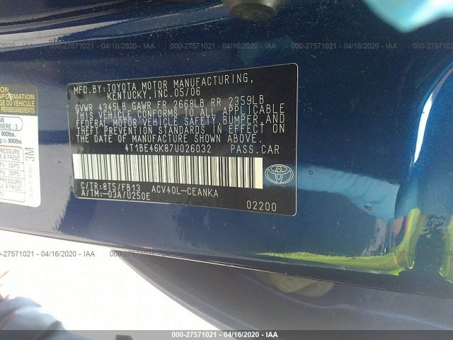 4T1BE46K87U026032 - 2007 TOYOTA CAMRY CE/LE/XLE/SE Blue photo 9