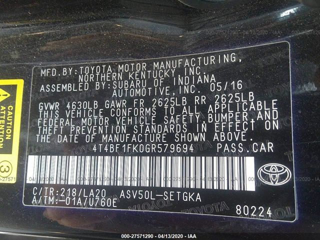 4T4BF1FK0GR579694 - 2016 TOYOTA CAMRY LE/XLE/SE/XSE Noir photo 9