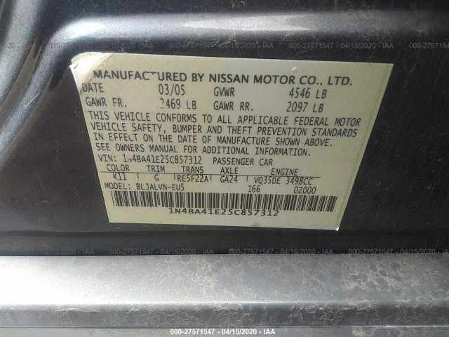 1N4BA41E25C857312 - 2005 NISSAN MAXIMA SE/SL Gray photo 9