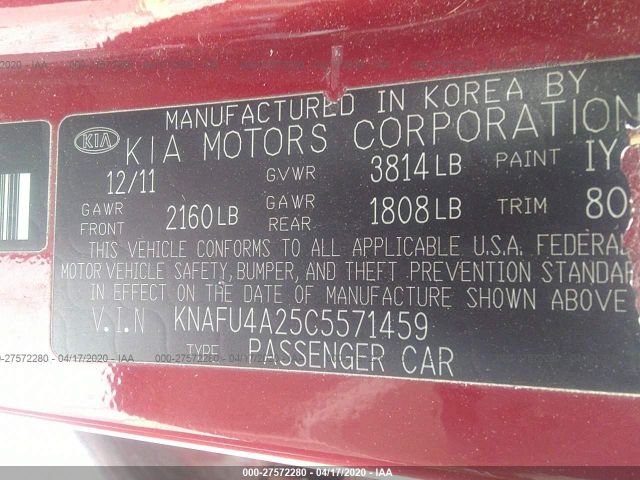 KNAFU4A25C5571459 - 2012 KIA FORTE EX Red photo 9