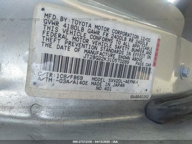 JT2BG22K310570289 - 2001 TOYOTA CAMRY CE/LE/XLE Silver photo 9