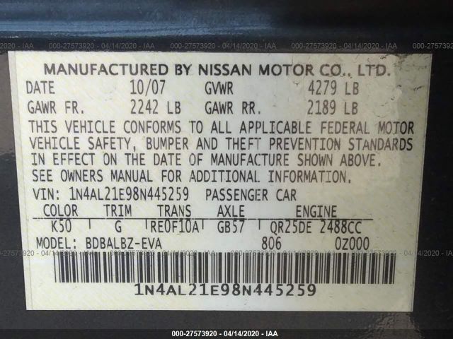 1N4AL21E98N445259 - 2008 NISSAN ALTIMA 2.5/2.5S Gray photo 9