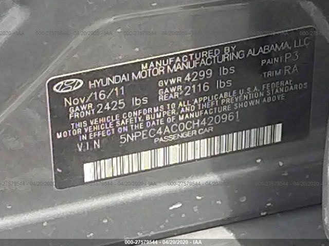 5NPEC4AC0CH420961 - 2012 HYUNDAI SONATA SE/LIMITED Gray photo 9