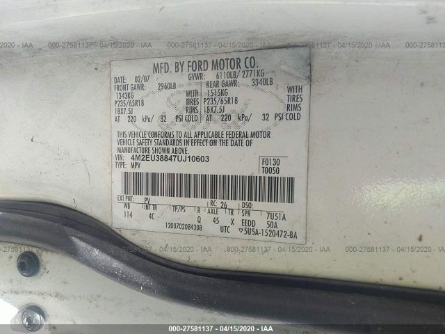 4M2EU38847UJ10603 - 2007 MERCURY MOUNTAINEER PREMIER White photo 9