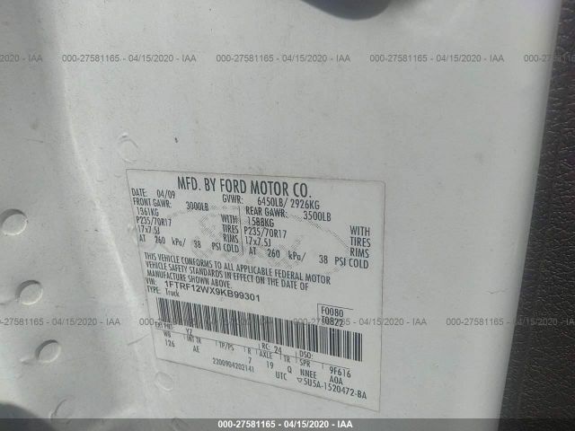 1FTRF12WX9KB99301 - 2009 FORD F150  White photo 9