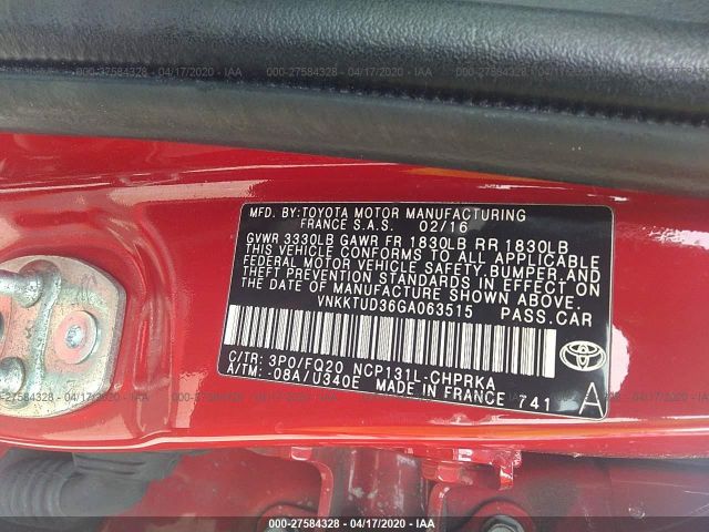 VNKKTUD36GA063515 - 2016 TOYOTA YARIS L/LE/SE Red photo 9