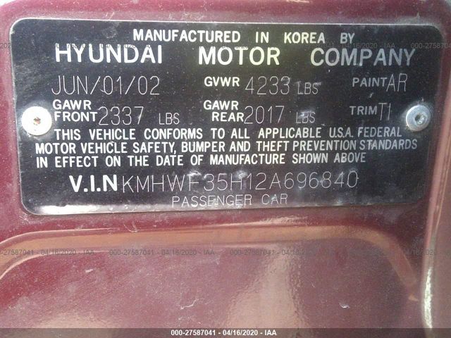 KMHWF35H12A696840 - 2002 HYUNDAI SONATA GLS/LX Red photo 9