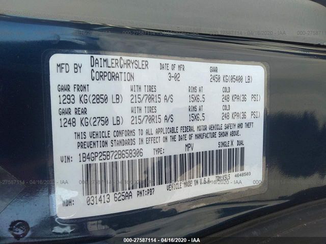 1B4GP25B72B658306 - 2002 DODGE CARAVAN SE Blue photo 9