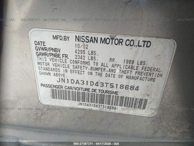 JN1DA31D43T518684 - 2003 NISSAN MAXIMA GLE/GXE/SE Silver photo 9