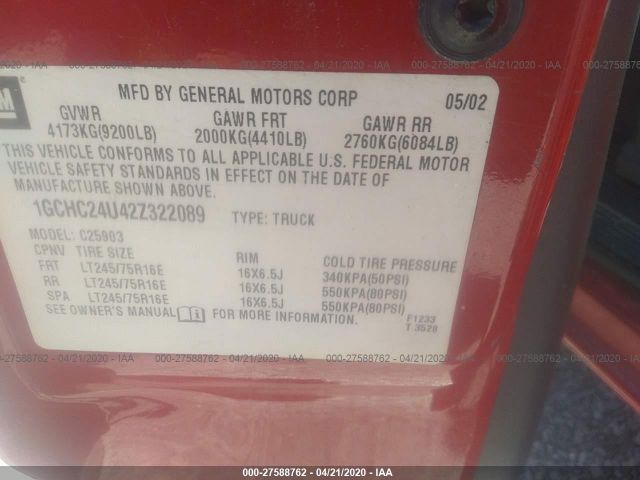 1GCHC24U42Z322089 - 2002 CHEVROLET SILVERADO C2500 HEAVY DUTY Red photo 9