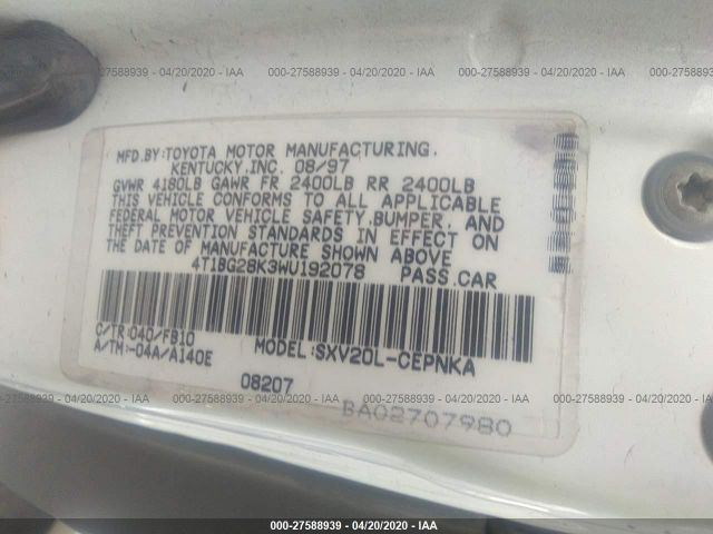 4T1BG28K3WU192078 - 1998 TOYOTA CAMRY CE/LE/XLE 白色 照片 9