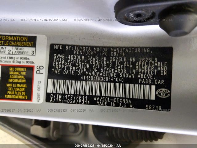 4T1BD1FK3EU141040 - 2014 TOYOTA CAMRY HYBRID/LE/XLE Silver photo 9