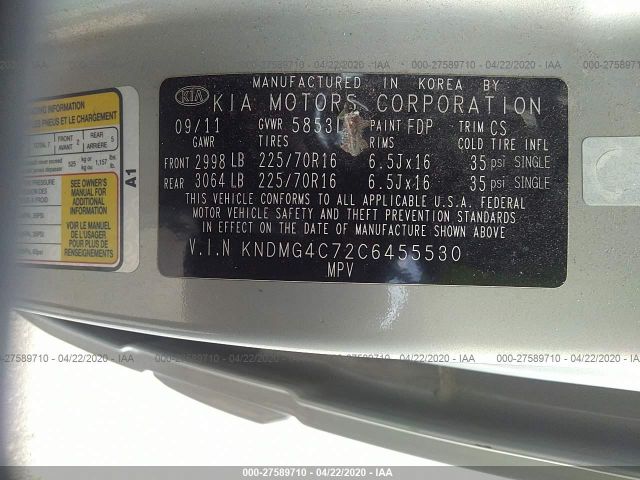 KNDMG4C72C6455530 - 2012 KIA SEDONA LX Silver photo 9