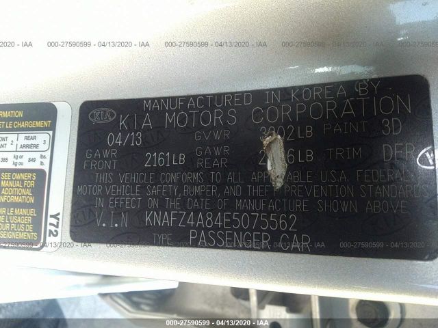 KNAFZ4A84E5075562 - 2014 KIA FORTE EX Silver photo 9