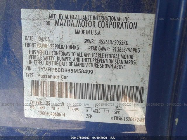 1YVHP80D665M58499 - 2006 MAZDA 6 S Blue photo 9