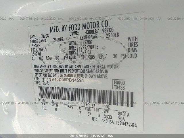 1FTYR10D98PB14521 - 2008 FORD RANGER  White photo 9