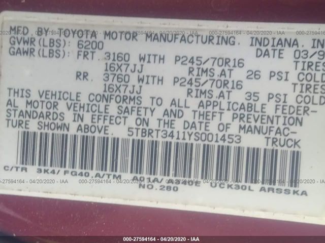 5TBRT3411YS001453 - 2000 TOYOTA TUNDRA ACCESS CAB/ACCESS CAB SR5 Red photo 9