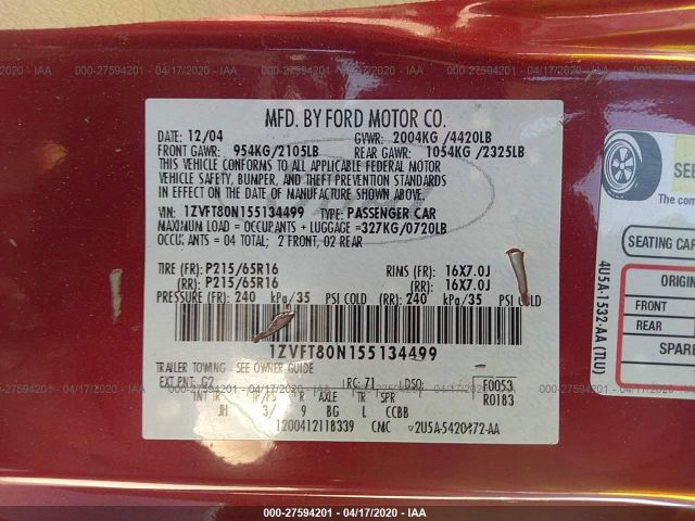 1ZVFT80N155134499 - 2005 FORD MUSTANG  Red photo 9