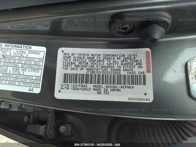 JTDBE32K520033265 - 2002 TOYOTA CAMRY LE/XLE/SE Gray photo 9