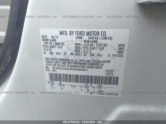 2FMDK3GC8DBA68401 - 2013 FORD EDGE SE White photo 9