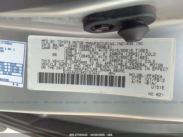 5TDZA23C94S157437 - 2004 TOYOTA SIENNA CE/LE Silver photo 9