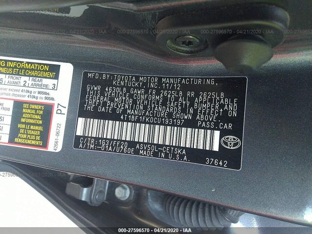 4T1BF1FK0CU193197 - 2012 TOYOTA CAMRY SE/LE/XLE 灰色 照片 9